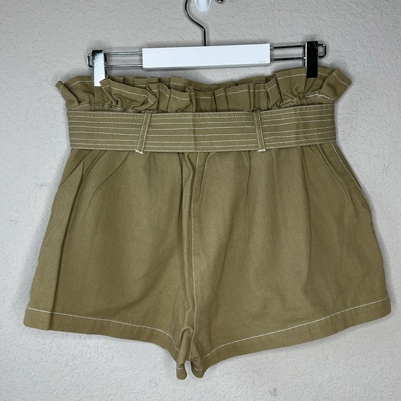 River Island 100% Cotton Khaki Green High Rise Paper Bag Belted Shorts Size US 6 - Picture 5 of 13